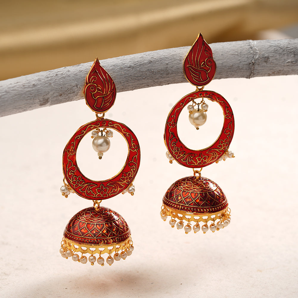 Heer- Stone Studded Hanging Pearl Jhumka Earrings (Red)