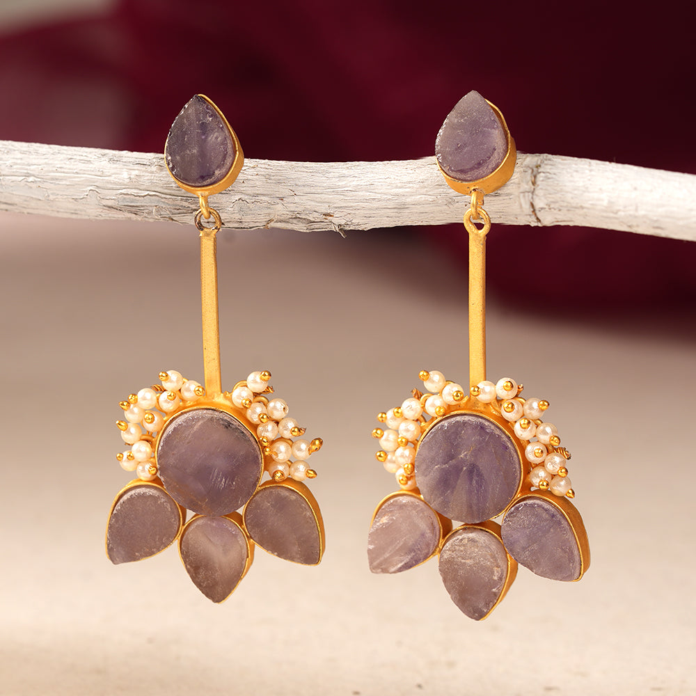 Ziyana- Stone Studded Baby Pearl Dangler Earrings(Purple)
