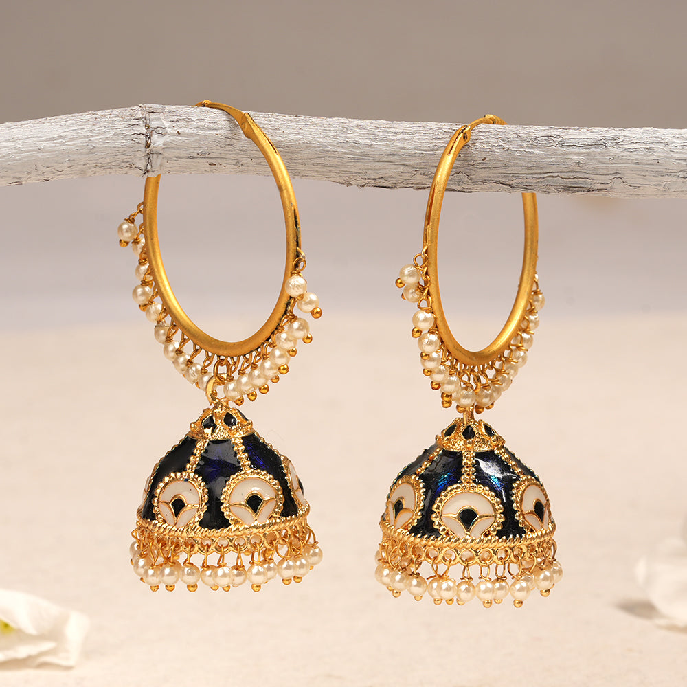Aarohi- Golden Framed Hanging Pearl Jhumka Earring.