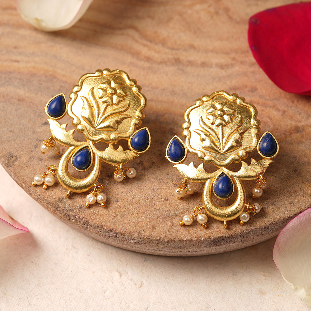 Ritika- Stone Studded Hanging Pearls Dangler Earrings(Blue)