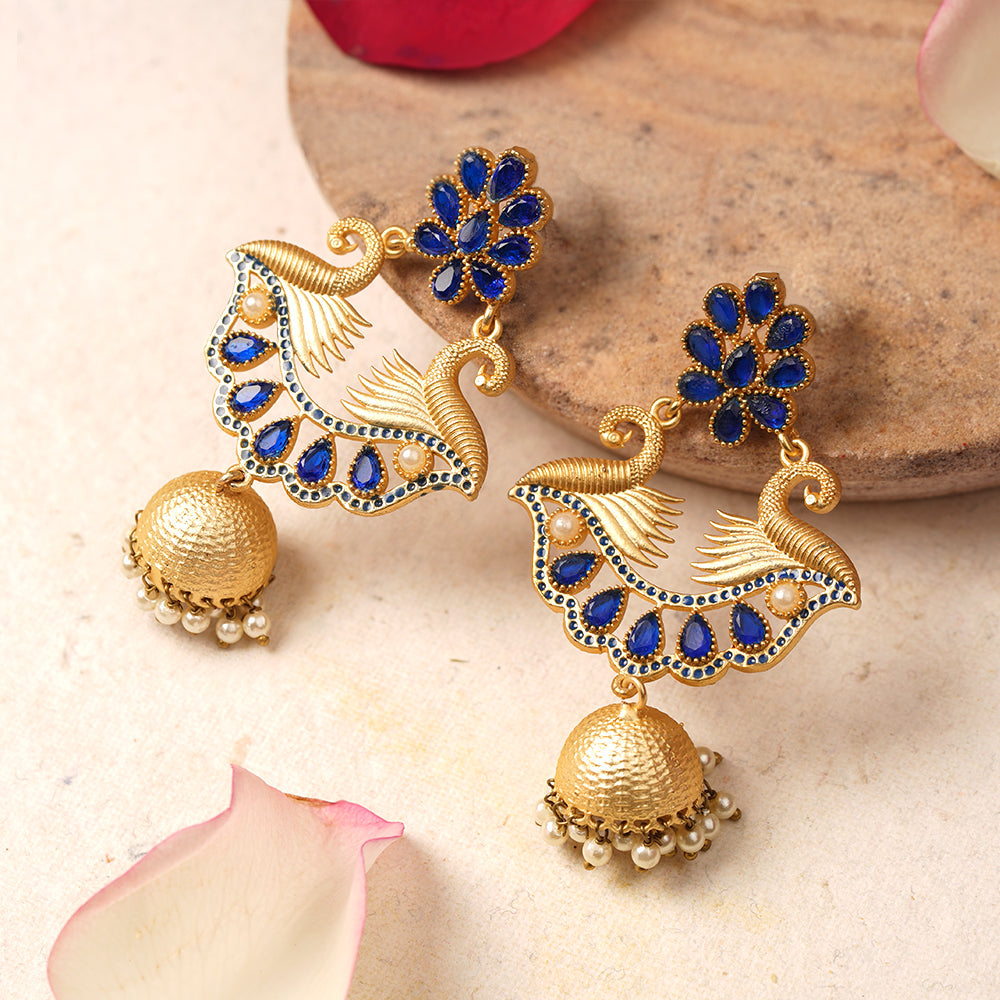 Nishita- Stone Studded Hanging Pearl Jhumki Earrings
