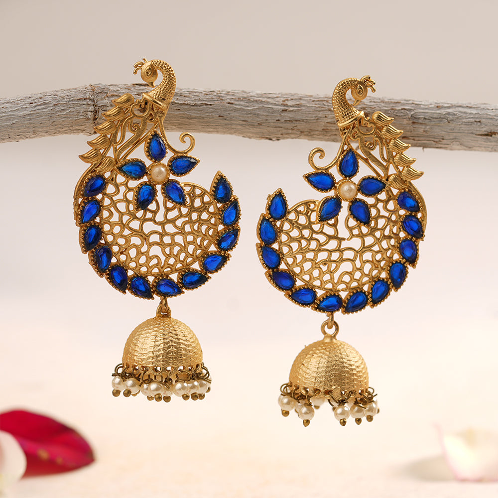 Prisha- Stone Studded Hanging Pearl Jhumki Earrings(Navy Blue)