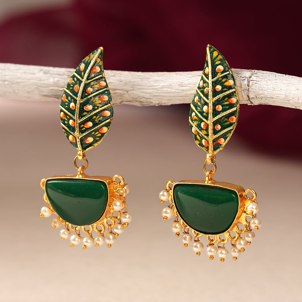 Aashi- Stone Studded Dangler Earrings(Green)