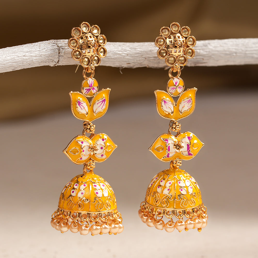 Kalika- Stone Studded Hanging Pearl Jhumki Earrings(Yellow)