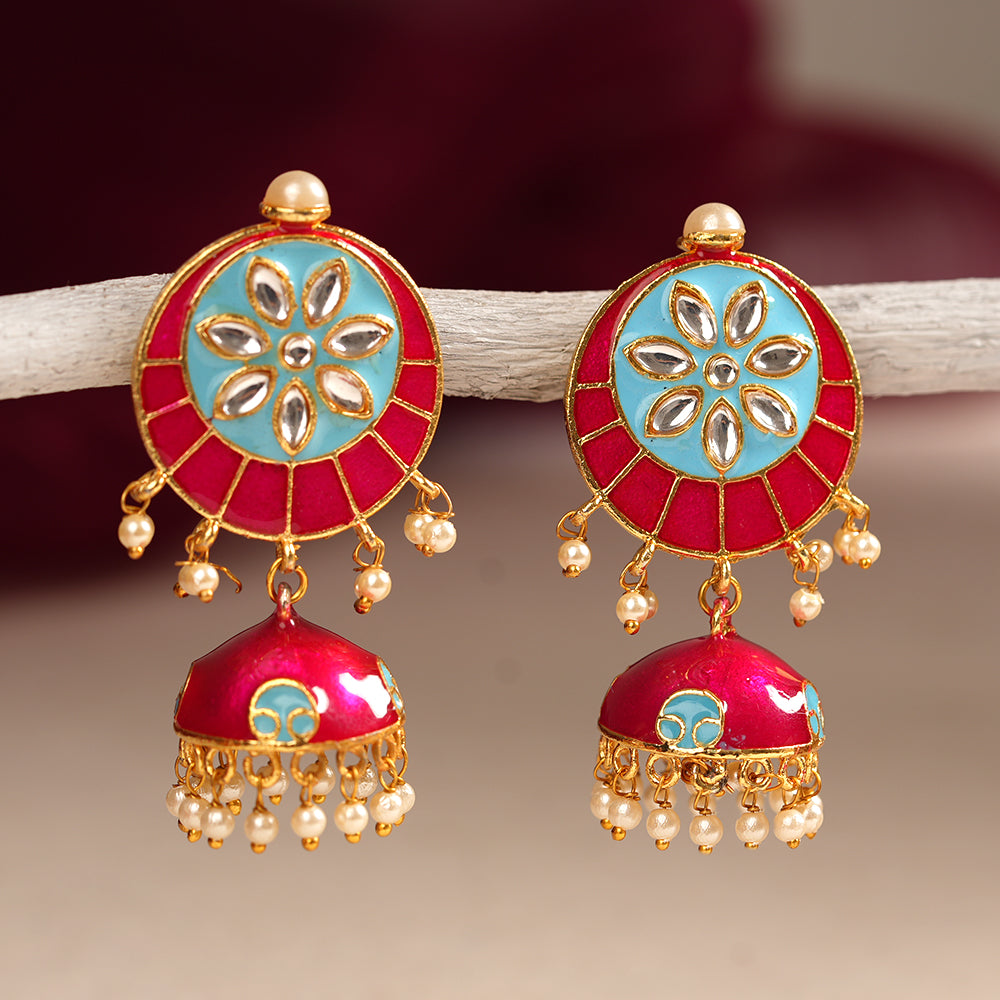 Ahana- Stone Studded Hanging Pearls Jhumka Earrings