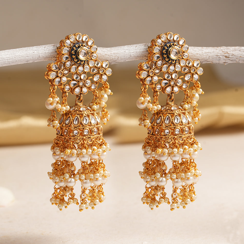 Maira- Stone Studded Hanging Pearl Dangler Earrings
