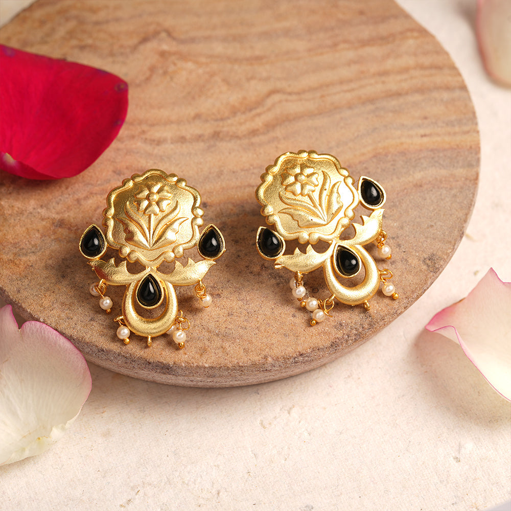 Ritika- Stone Studded Hanging Pearls Dangler Earrings(Black)