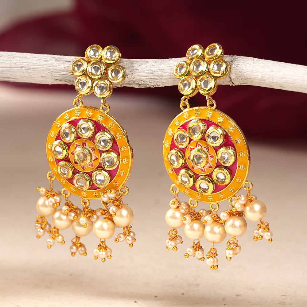 Aarya- Meenakari Work Hanging Pearl Dangler Earrings(Pink)