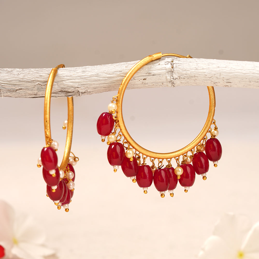 Zoya- Hanging Pearl Hoops Earrings(Red)