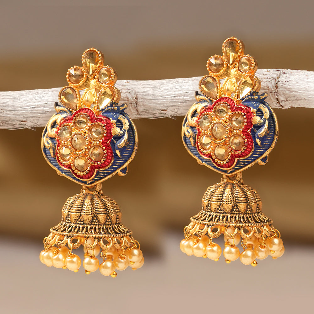 Divya- Stone Studded Hanging Pearl Jhumka Earrings (Blue)