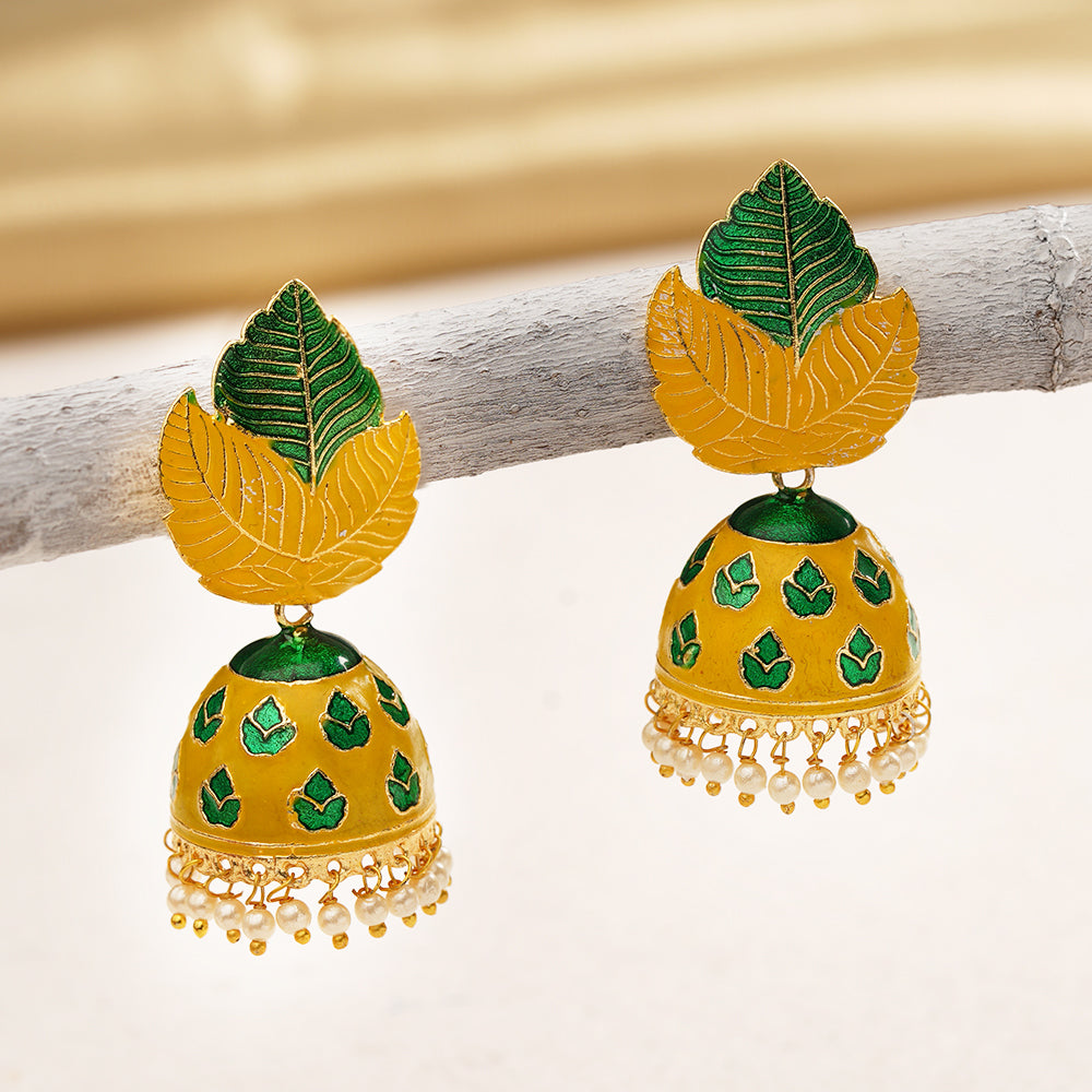 Riva- Hanging Pearls Enameled Jhumka Earrings(Multicolored)