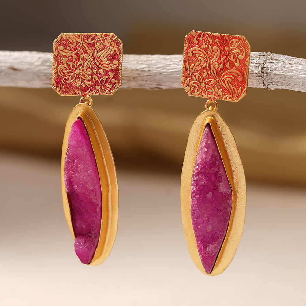 Malini- Unpolished natural stone embedded Dangler Earrings(Pink)