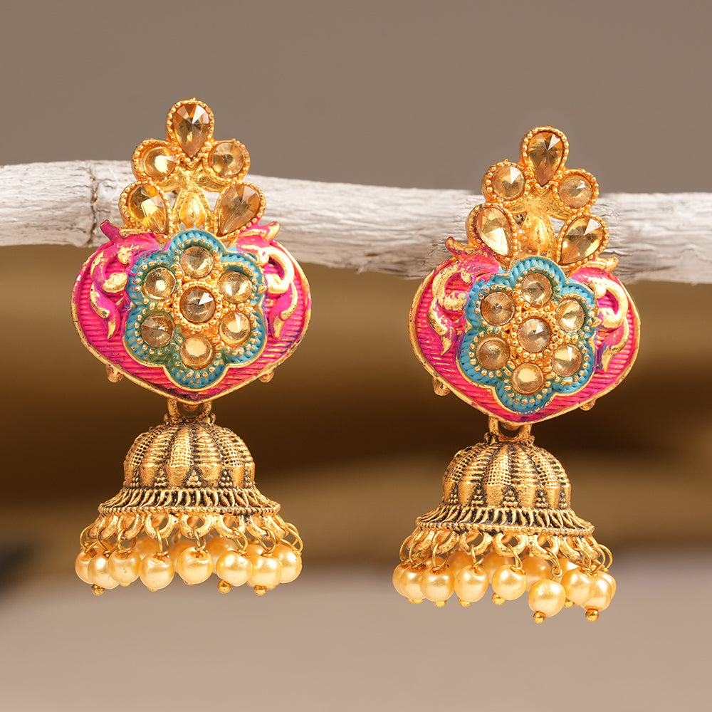 Divya- Stone Studded Hanging Pearl Jhumka Earrings (Red)