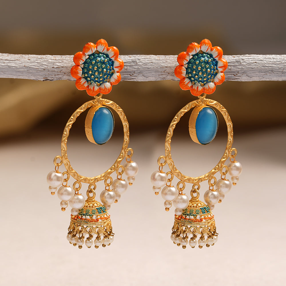 Laila- Stone Studded Hnaging Pearl Jhumki Earrings(Sky Blue)