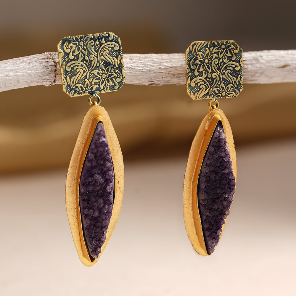 Malini- Unpolished natural stone embedded Dangler Earrings(Blue)