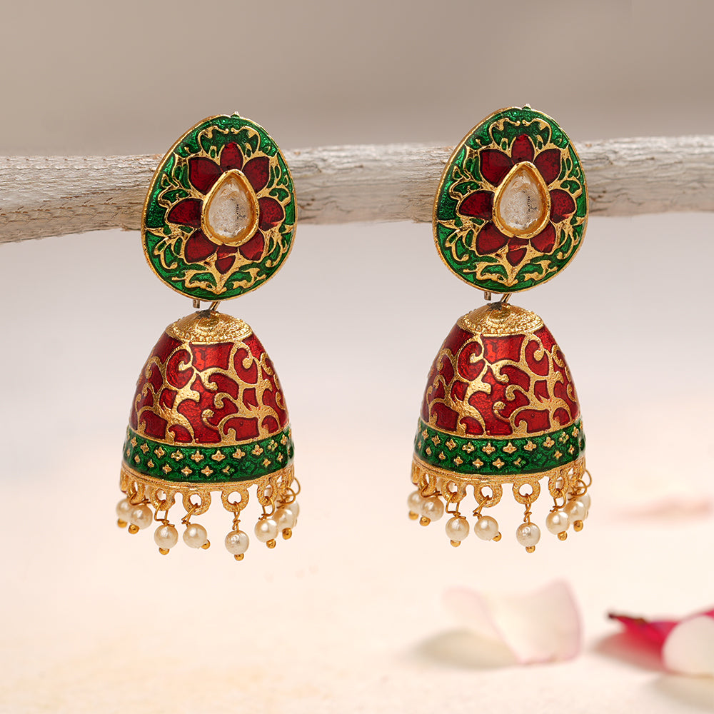 Advika- Stone Studded Hanging Pearls Jhumka Earrings(Green)