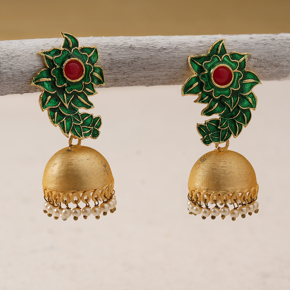 Niva- Hanging Pearl Jhumka Earrings(Green)