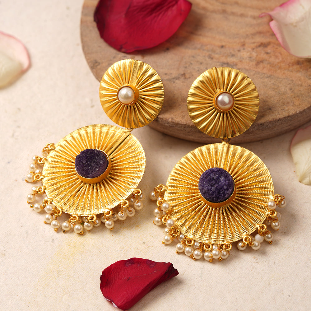 Radha- Natural Stone Studded Dangler Earrings(Purple)