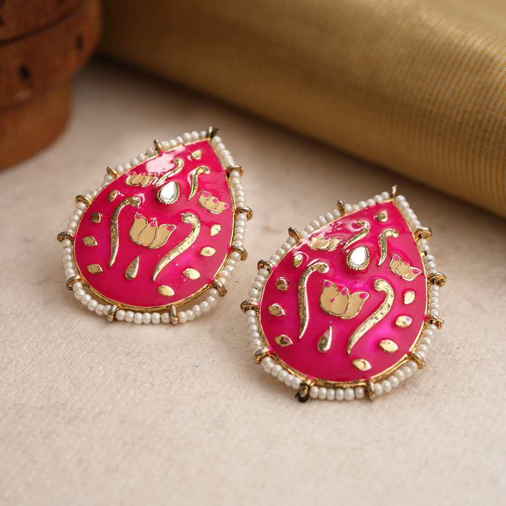 Alaya- Pearl Framed Drop Shaped Stud Earrings(Red)