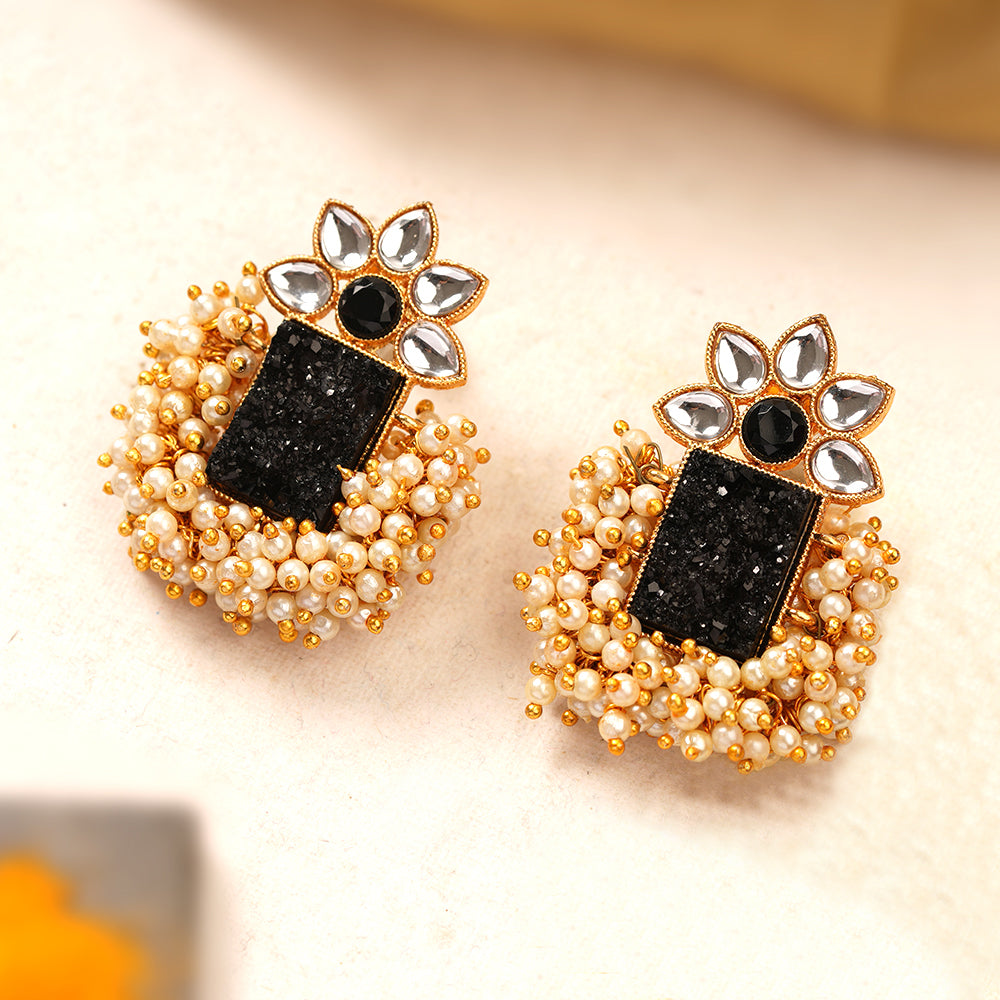 Mishka- Stone Studded Pearl Framed Stud Earrings