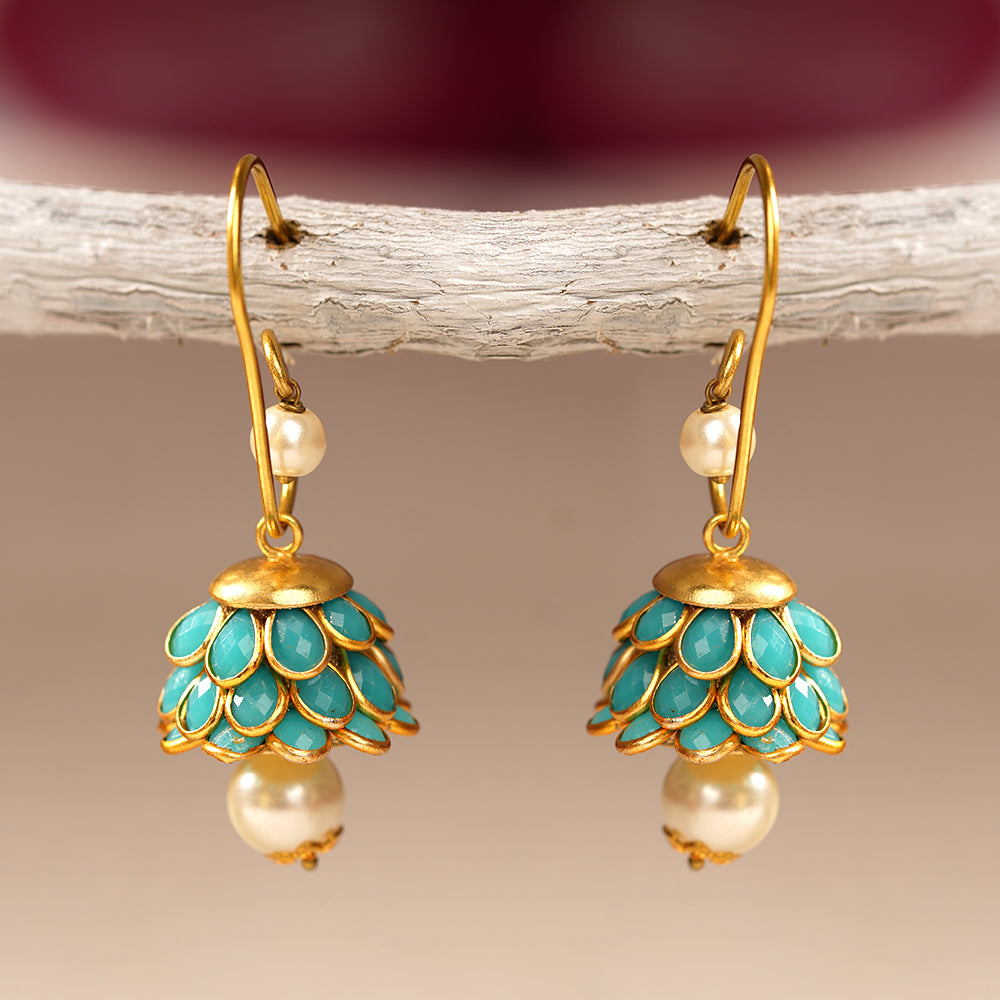 Ishani- Hanging Pearl Jhumki Earrings(Sky Blue)
