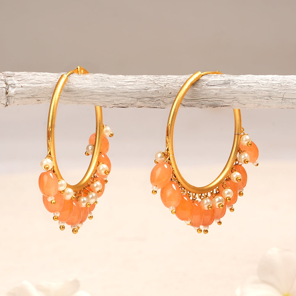 Zoya- Hanging Pearl Hoops Earrings(Orange)