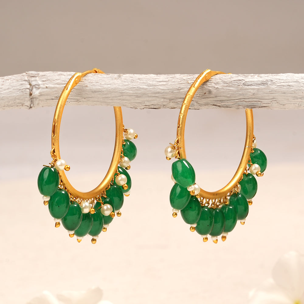 Zoya- Hanging Pearl Hoops Earrings(Green)