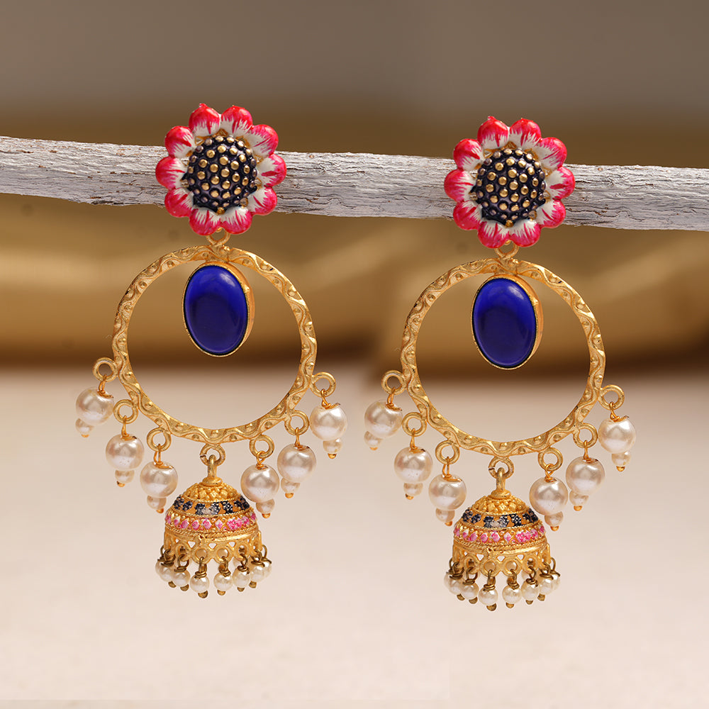Laila- Stone Studded Hnaging Pearl Jhumki Earrings(Blue)