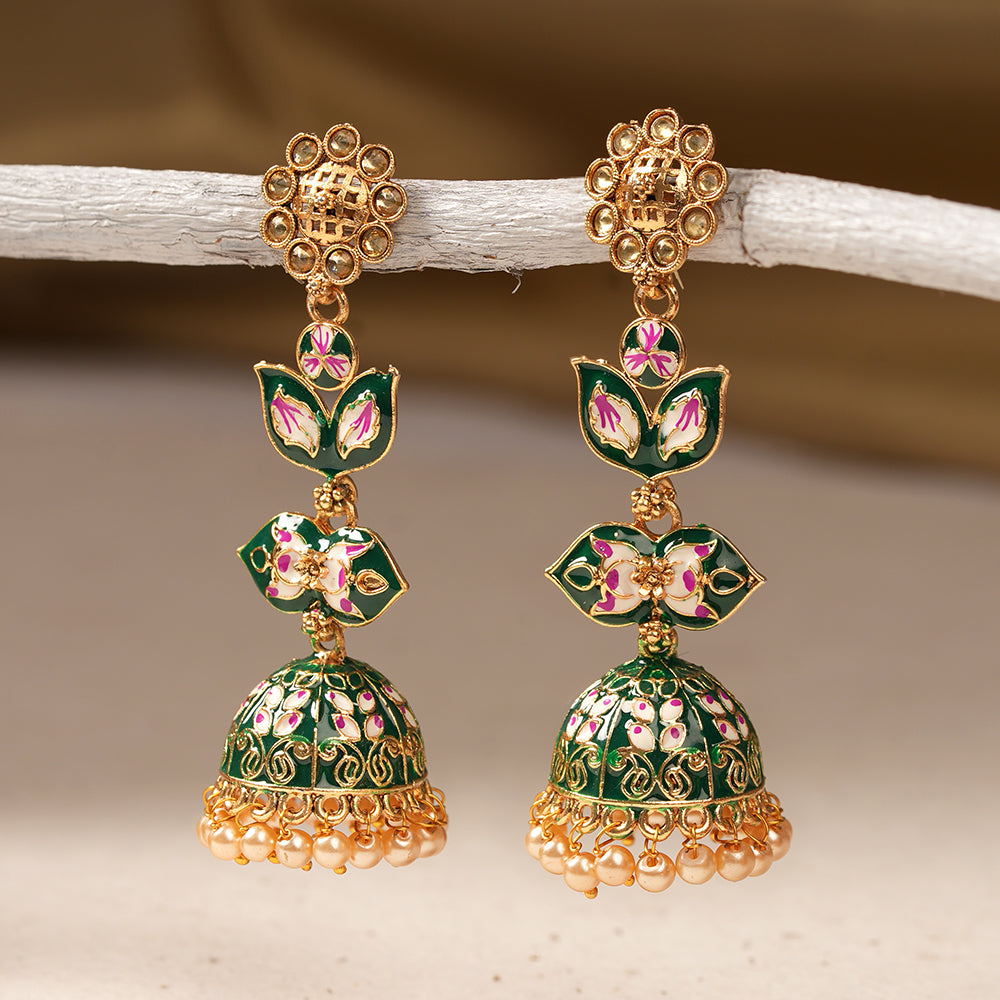 Kalika- Stone Studded Hanging Pearl Jhumki Earrings(Green)