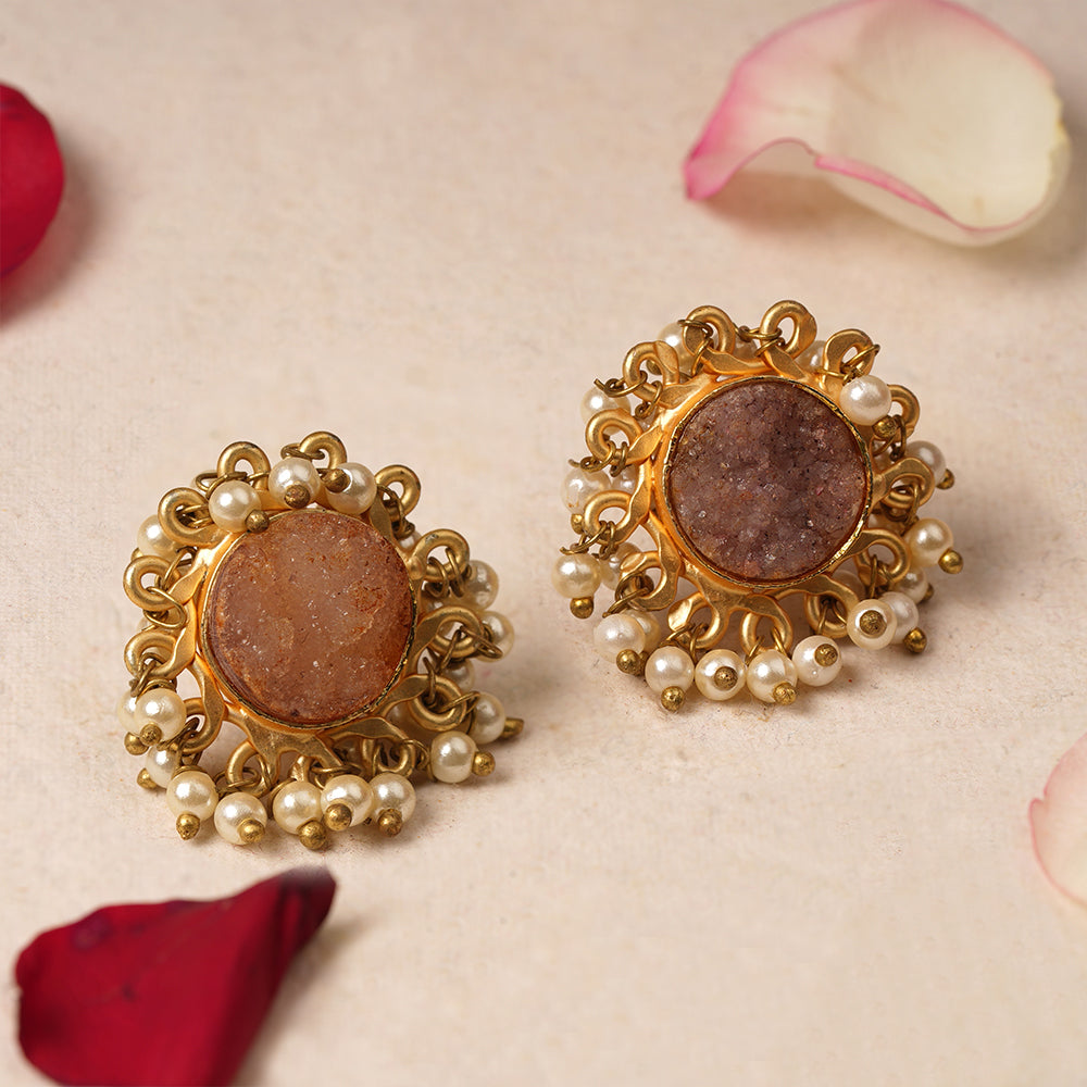 Navya- Stone Studded Hanging Pearls Stud Earrings