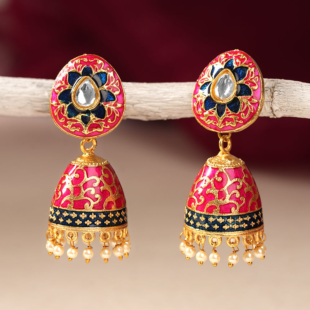 Advika- Stone Studded Hanging Pearls Jhumka Earrings(Red)