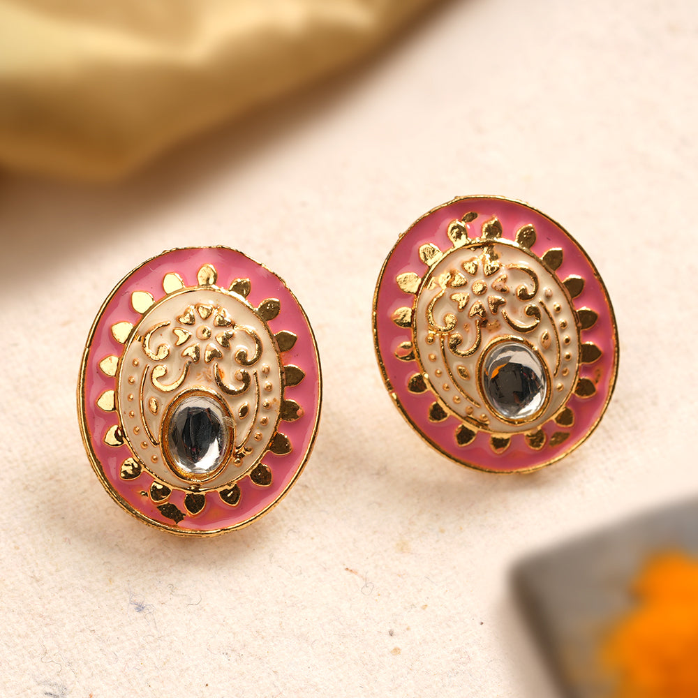 Manjari- Stone Studded Stud Earrings(Baby Pink)