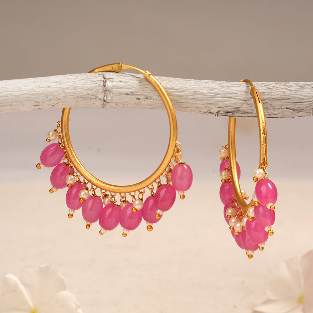 Zoya- Hanging Pearl Hoops Earrings(Dark Pink)