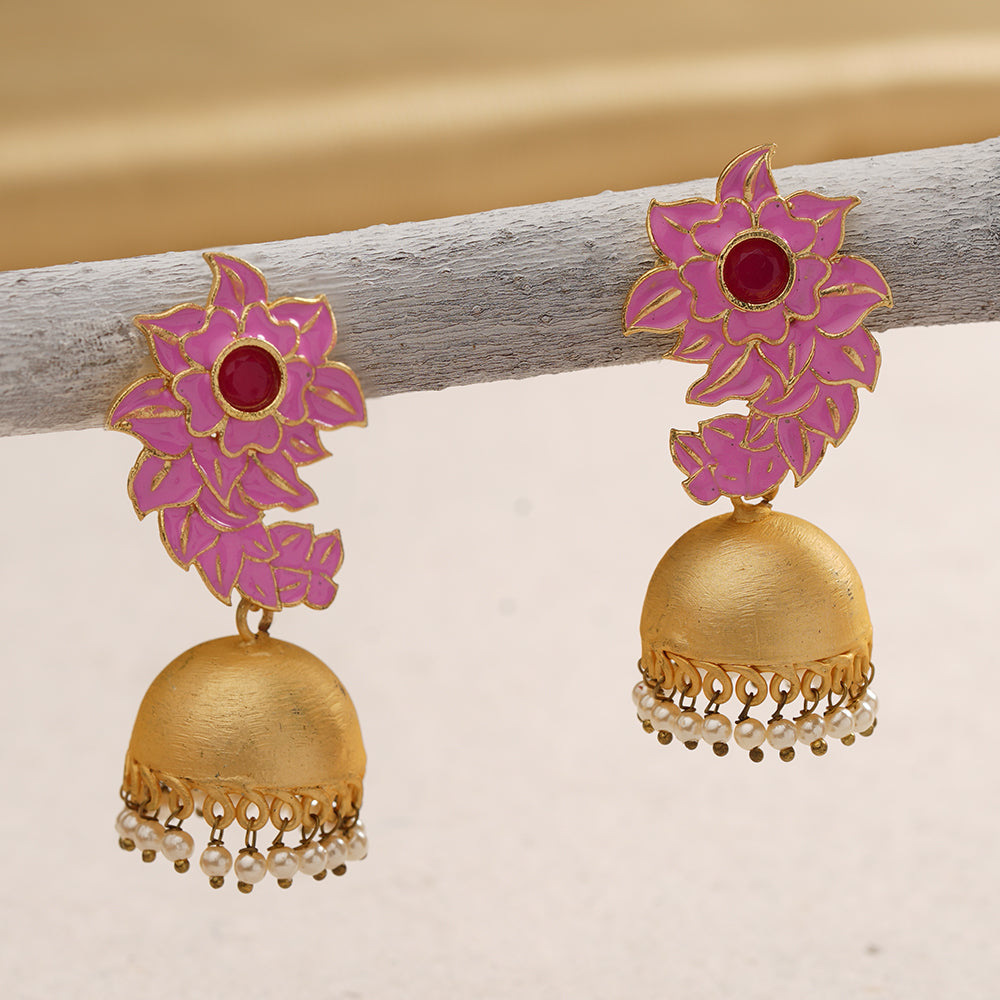 Niva- Hanging Pearl Jhumka Earrings(Pink)