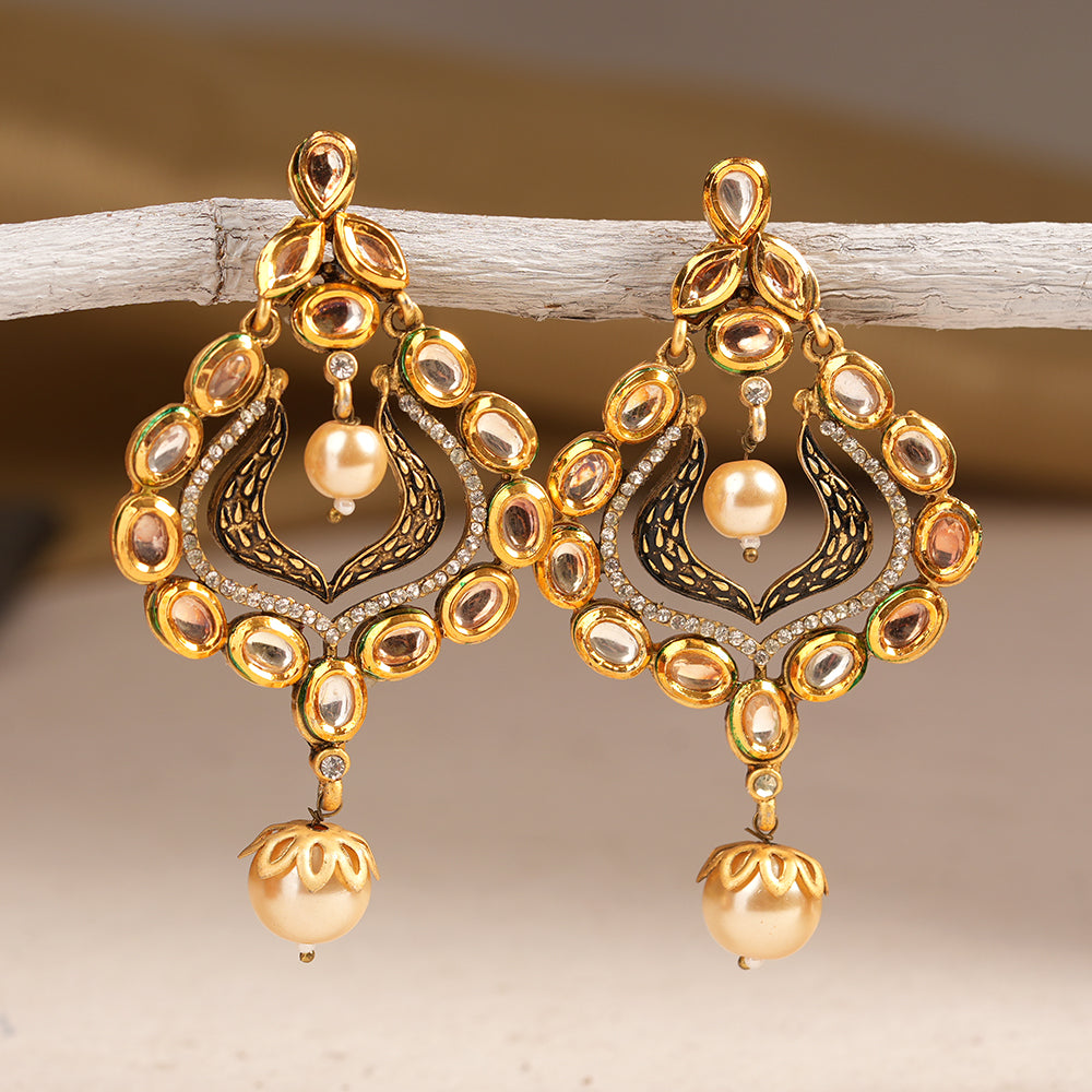 Chitra- Stone Studded Hanging Pearl Dangler Earrings