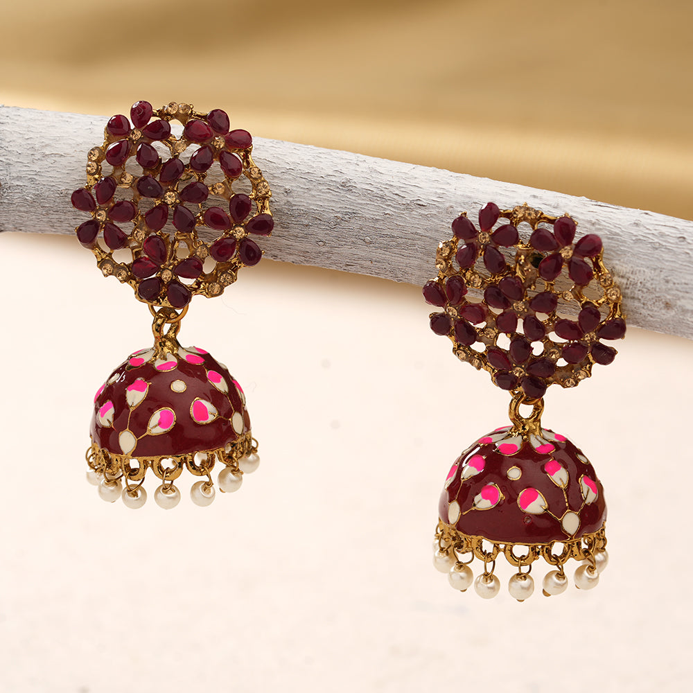 Heeya- Stone Studded Hanging Pearl Jhumka Earrings(Dak Maroon)