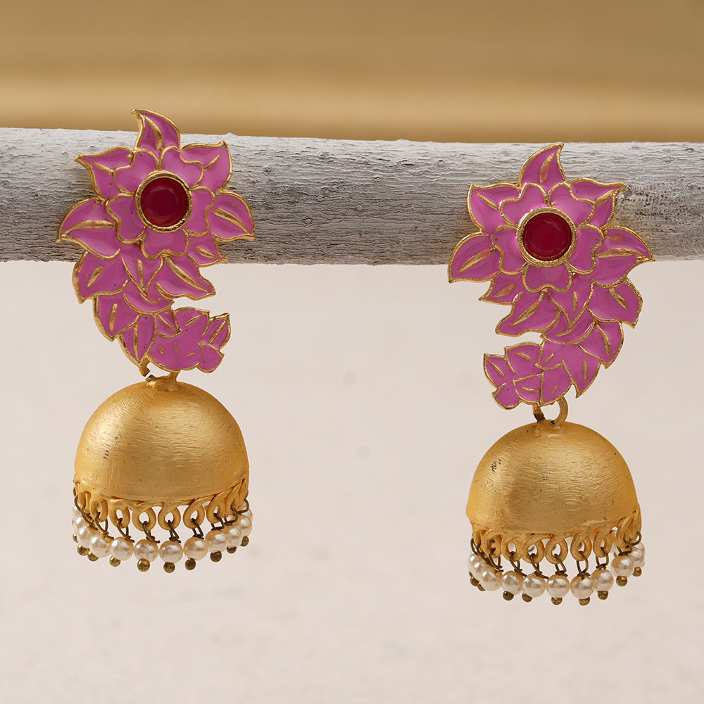 Niva- Hanging Pearl Jhumka Earrings(Pink)