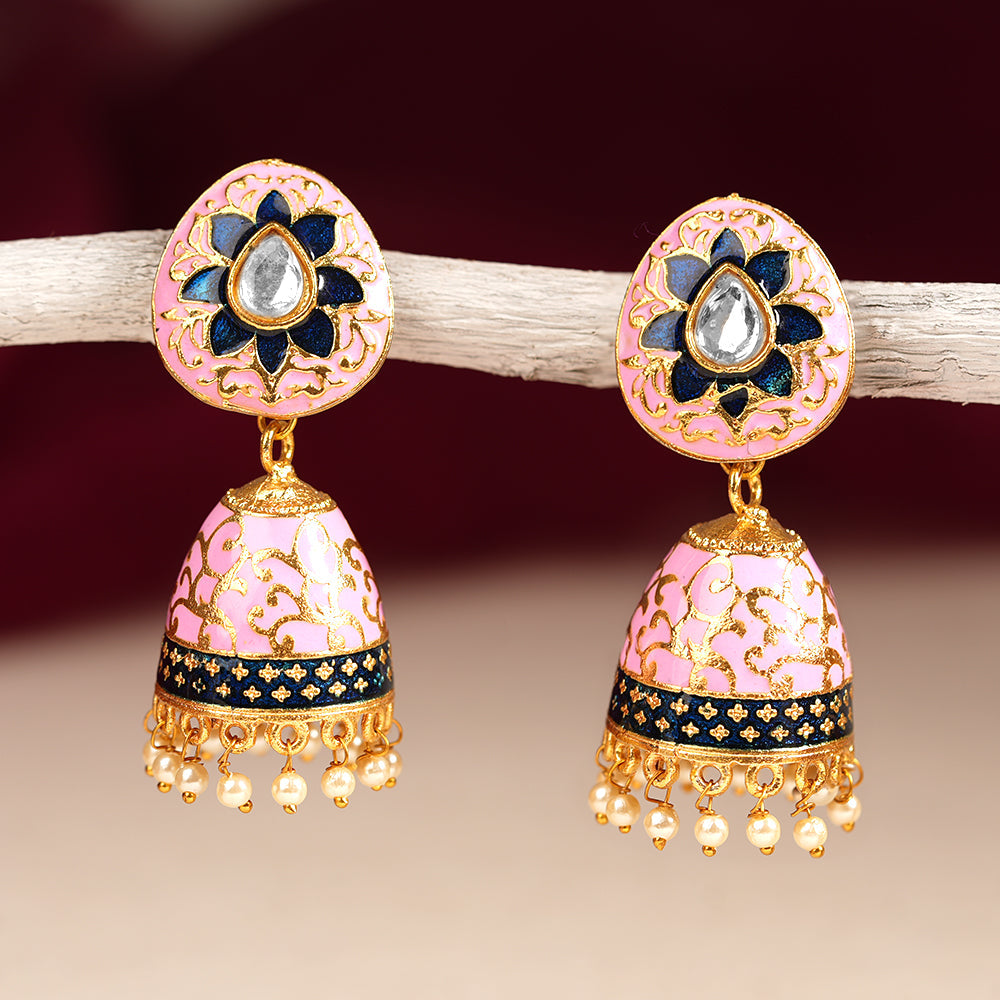 Advika- Stone Studded Hanging Pearls Jhumka Earrings(Light Pink)
