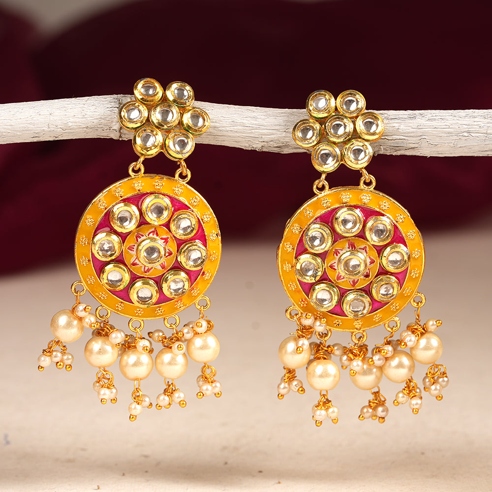Aarya- Meenakari Work Hanging Pearl Dangler Earrings(Pink)