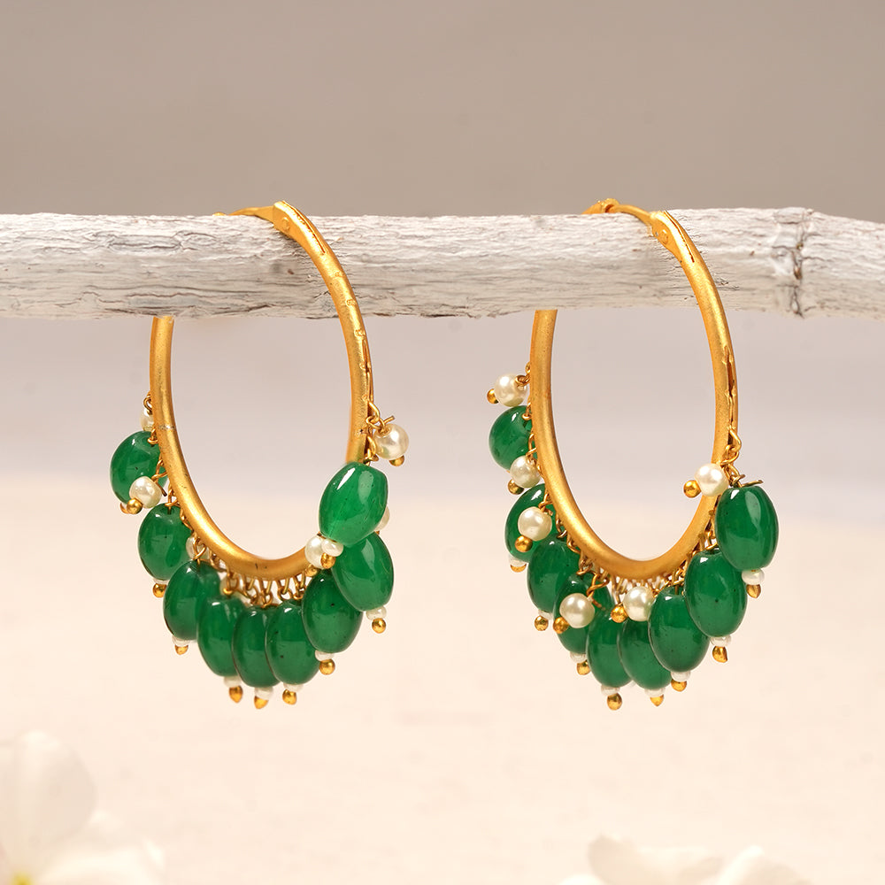 Zoya- Hanging Pearl Hoops Earrings(Green)