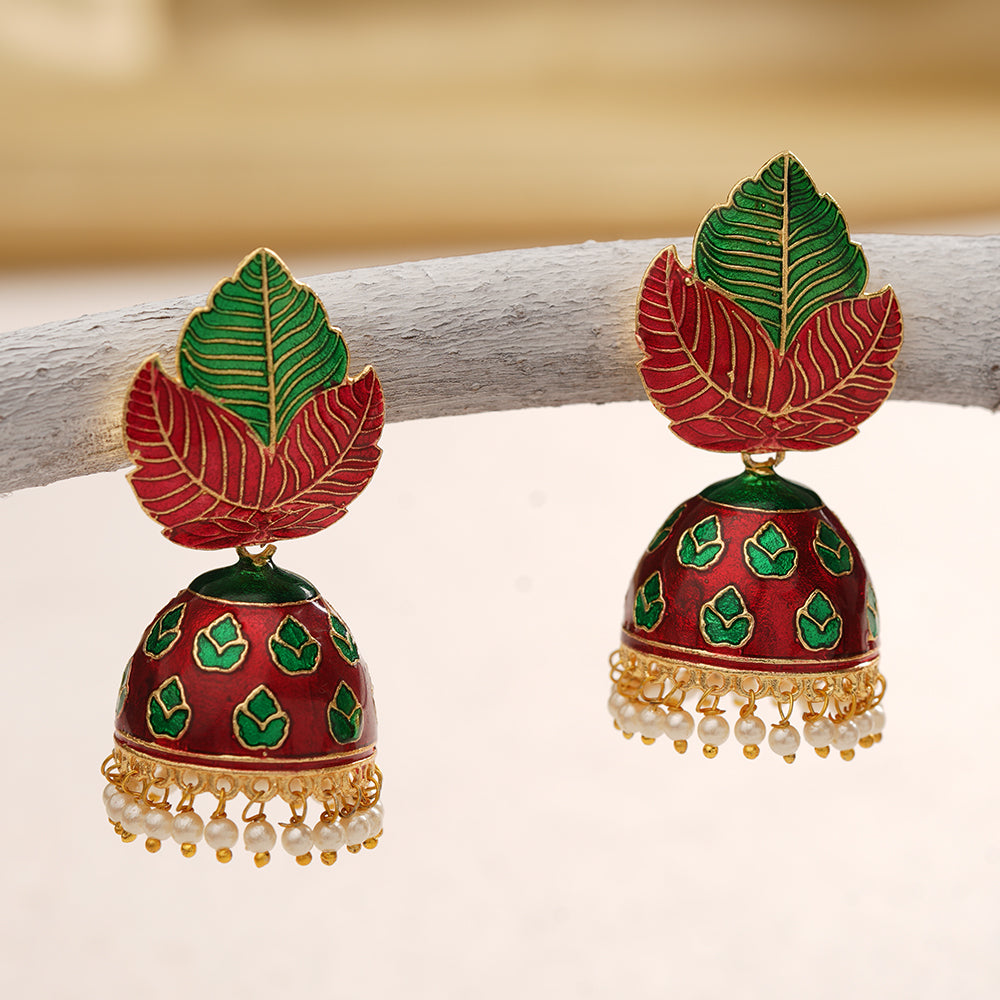 Riva- Hanging Pearls Enameled Jhumka Earrings(Multicolored)