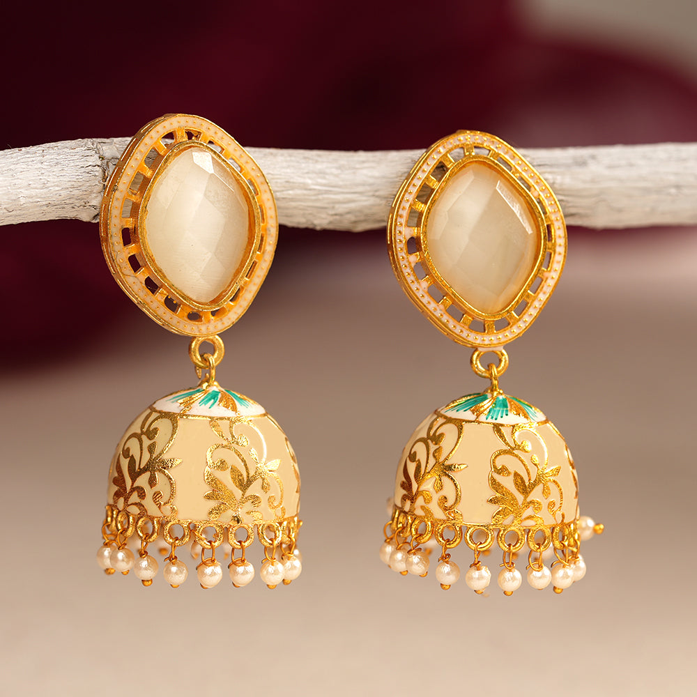 Aayushi- Stone Studded Hanging Pearl Jhumka Earrings