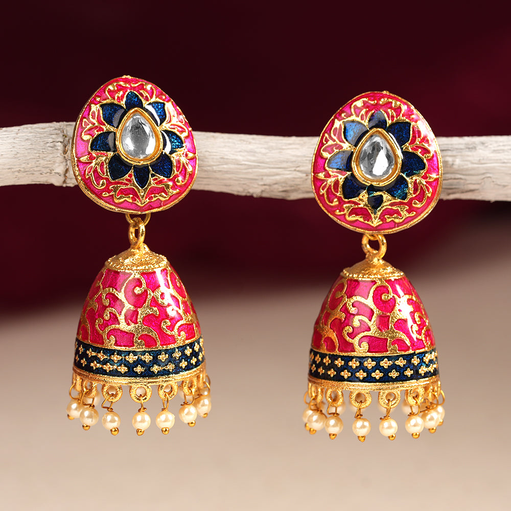 Advika- Stone Studded Hanging Pearls Jhumka Earrings(Red)