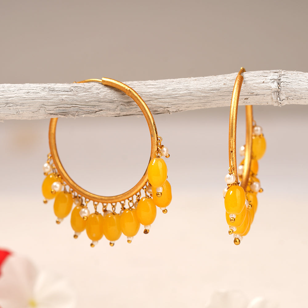 Zoya- Hanging Pearl Hoops Earrings(Yellow)