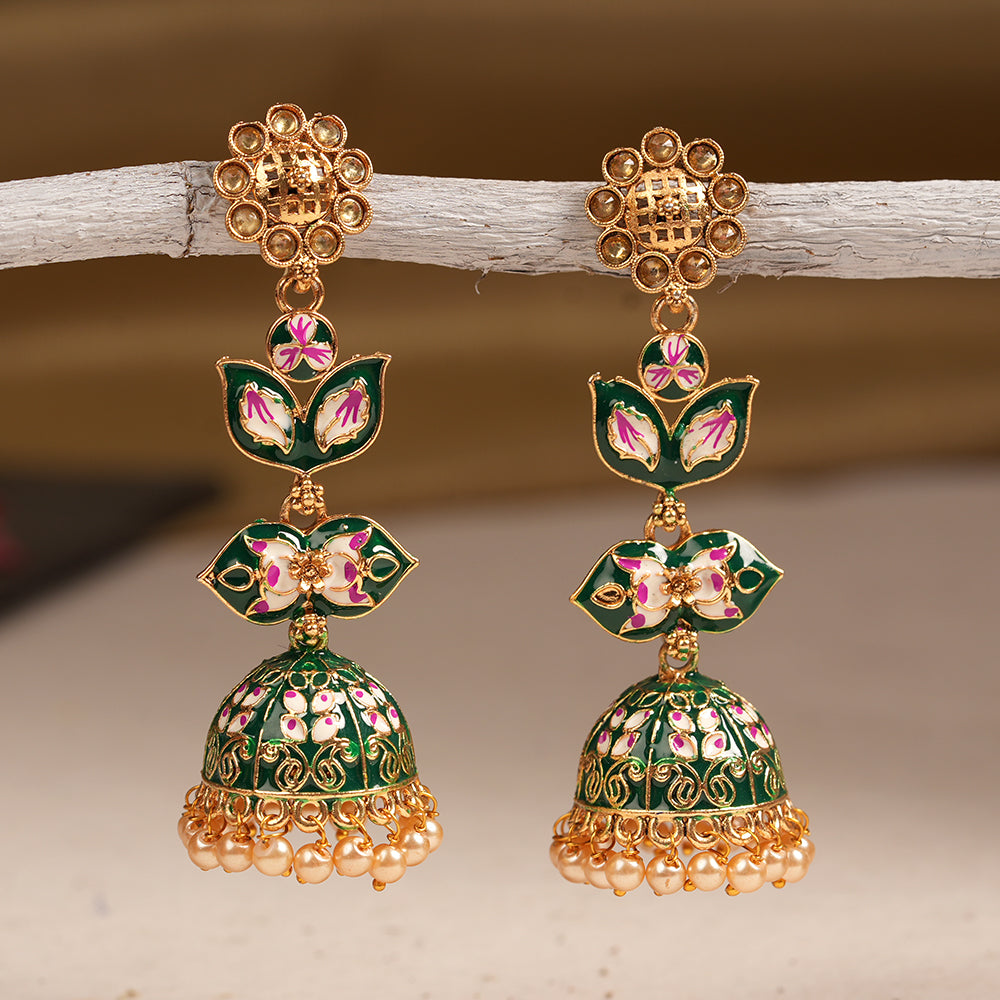 Kalika- Stone Studded Hanging Pearl Jhumki Earrings(Green)