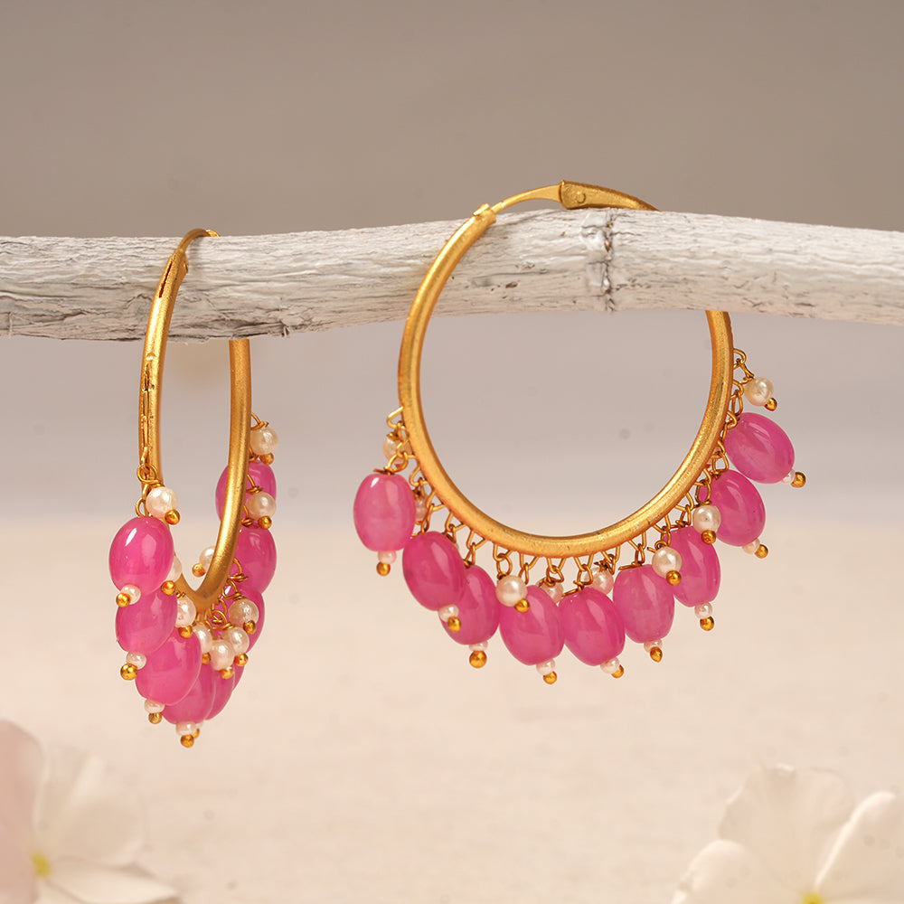 Zoya- Hanging Pearl Hoops Earrings(Dark Pink)