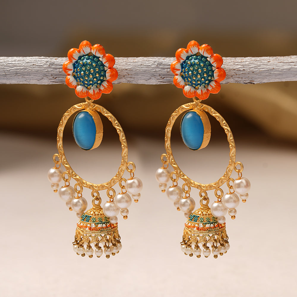 Laila- Stone Studded Hnaging Pearl Jhumki Earrings(Sky Blue)