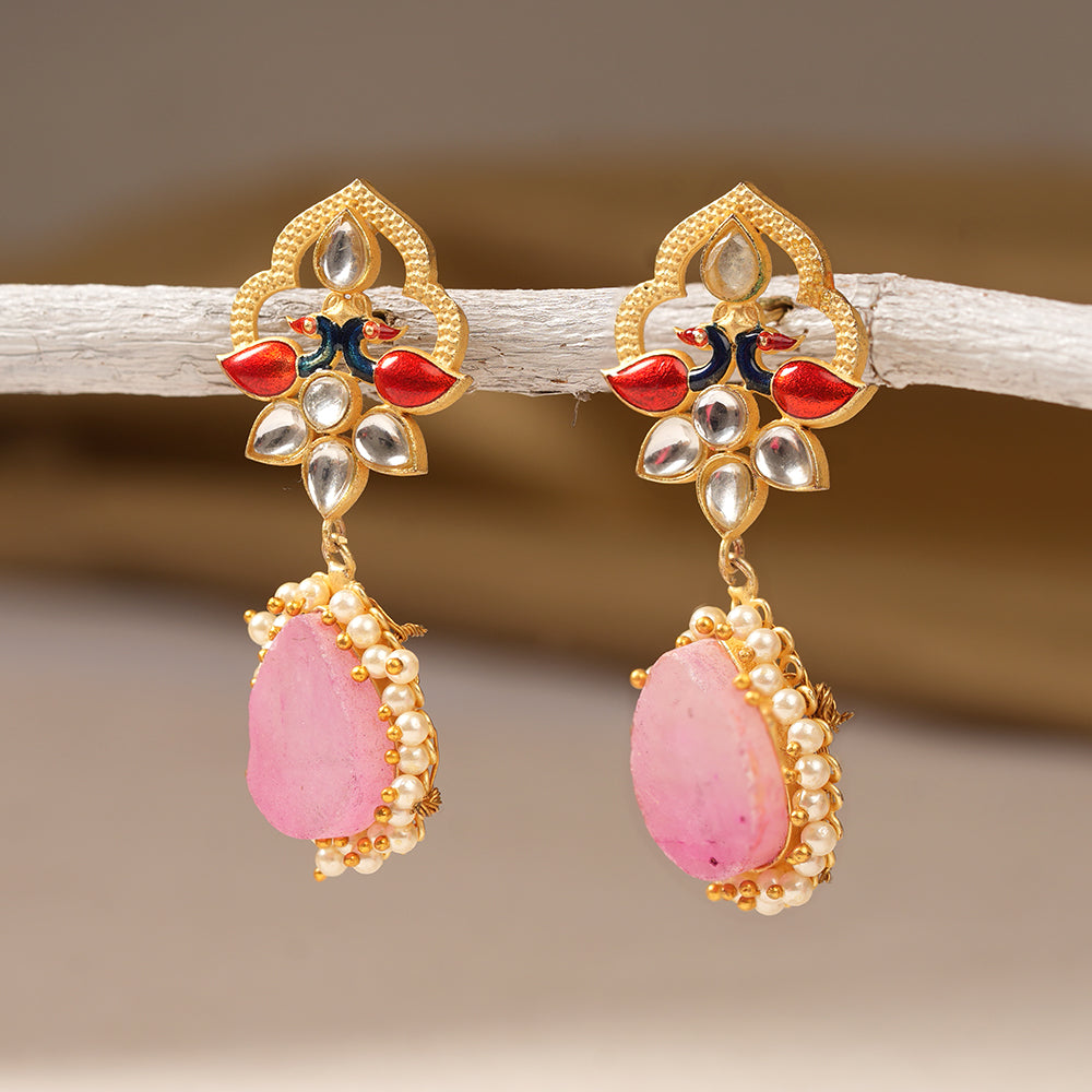 Anvi- Stone Studded Pearl Framed Dangler Earring(Pink)