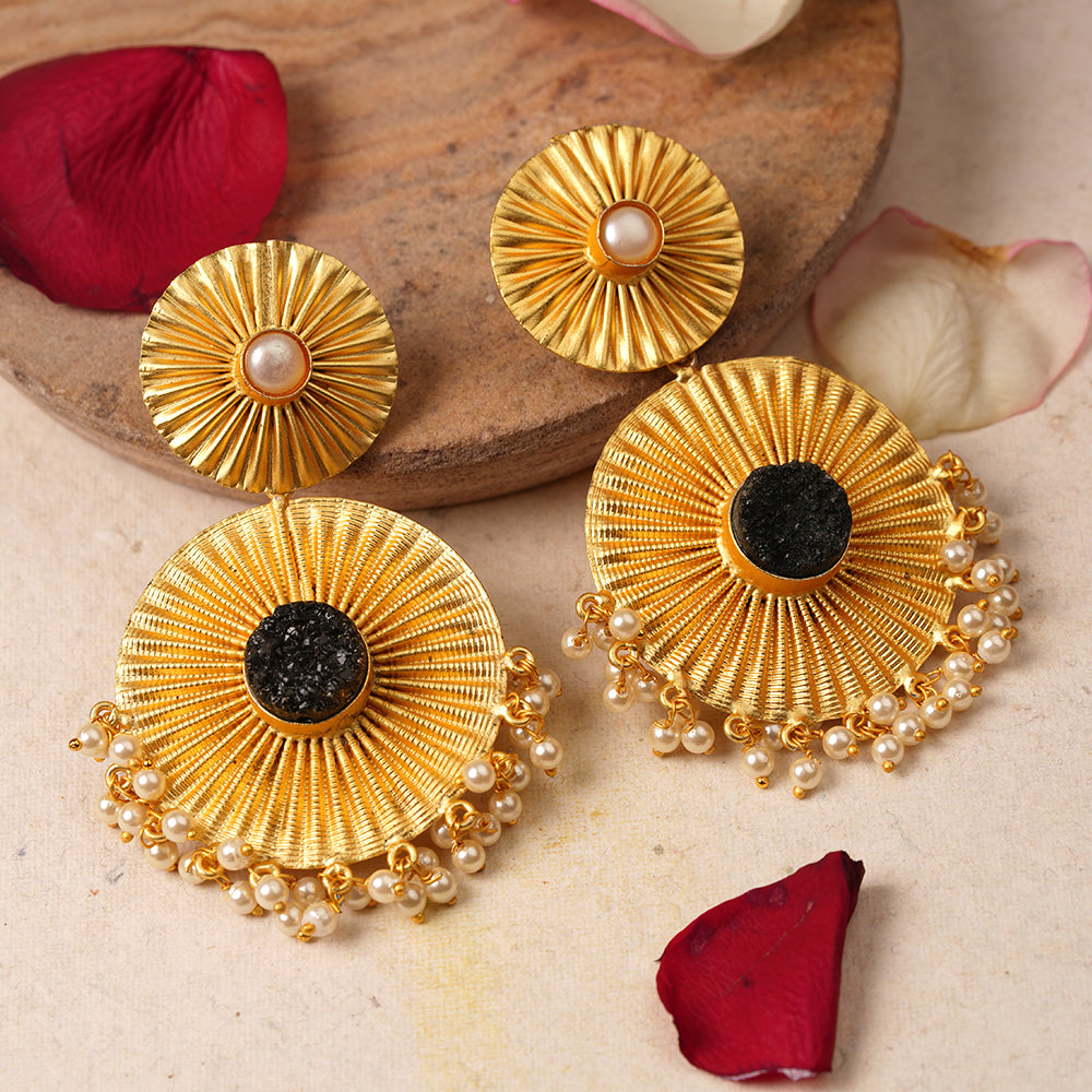 Radha- Natural Stone Studded Dangler Earrings(Black)