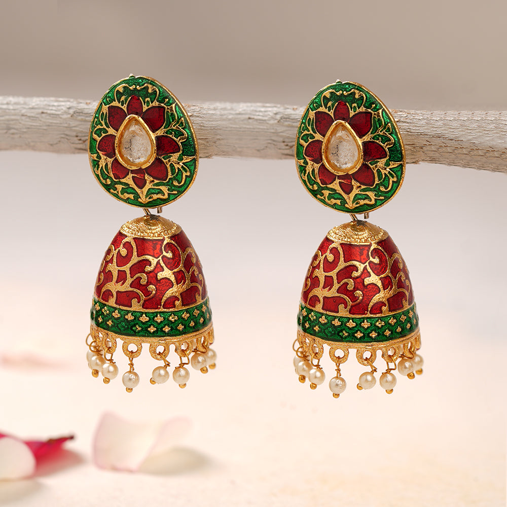 Advika- Stone Studded Hanging Pearls Jhumka Earrings(Green)